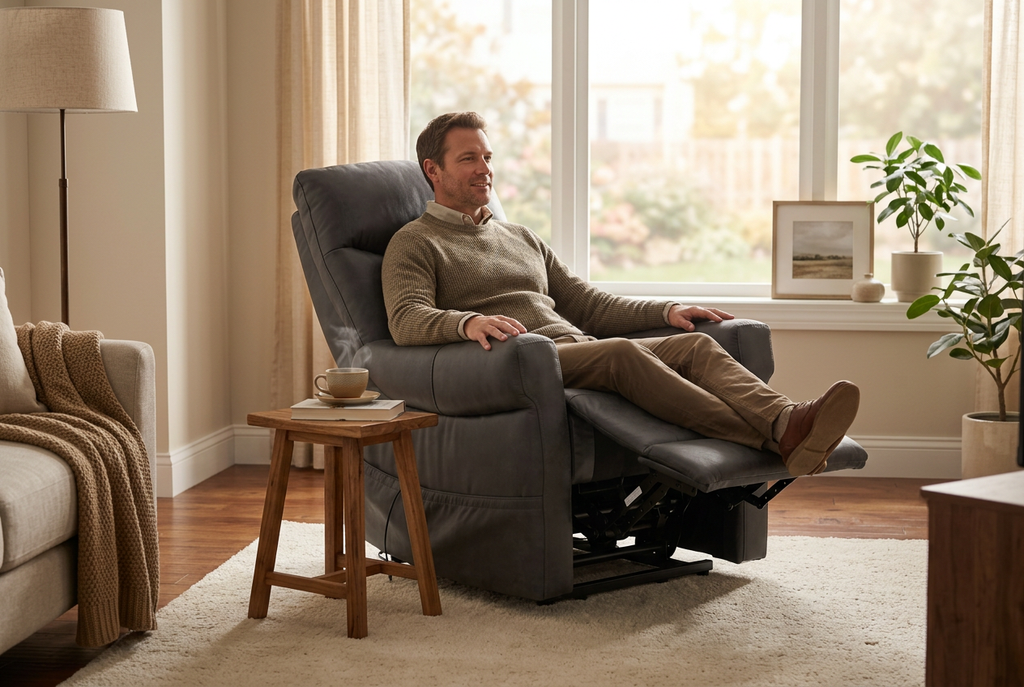 Charcoal gray recliner lift chair with raised headrest and footrest