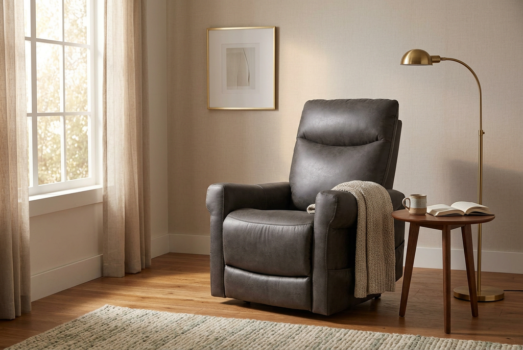 Charcoal gray power lift recliner with tall back and padded armrests