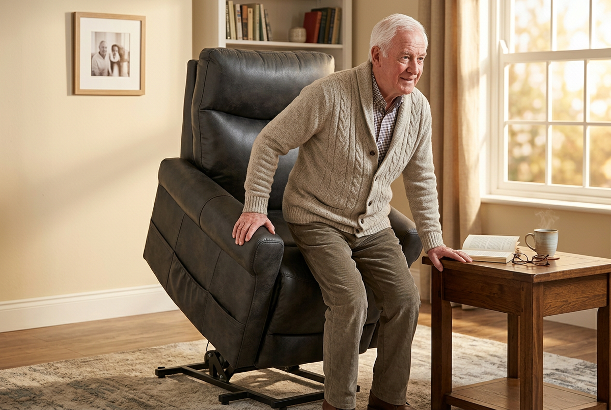 Dark gray power lift recliner chair with elevated back and side arm pads