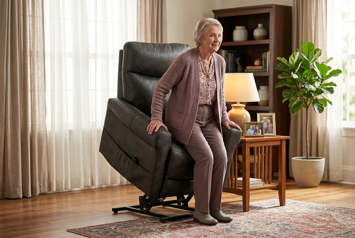 Charcoal gray lift recliner chair with power base and padded backrest