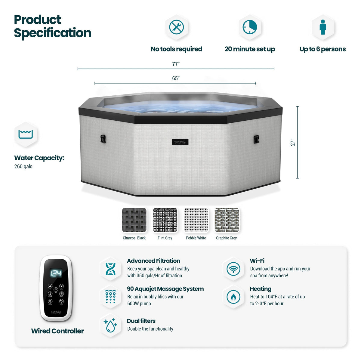 Octagonal eco foam hot tub product infographic with water capacity and color options
