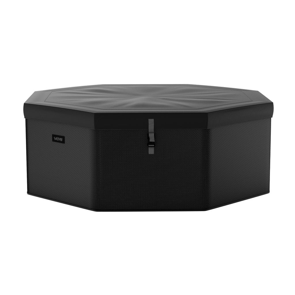 Octagonal eco foam hot tub in dark charcoal with closed cover and center latch