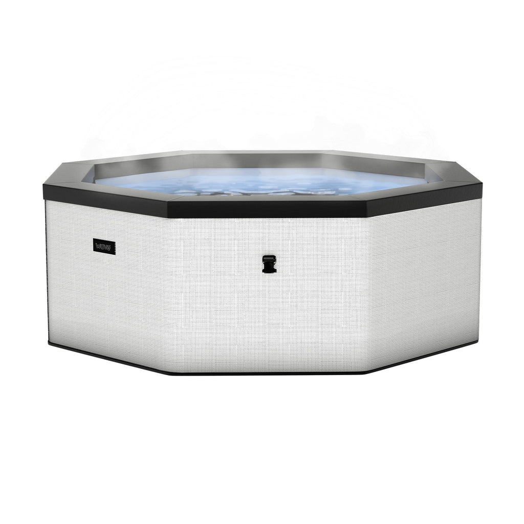 Octagonal eco foam hot tub in light pebble with open cover and clear water viewing area