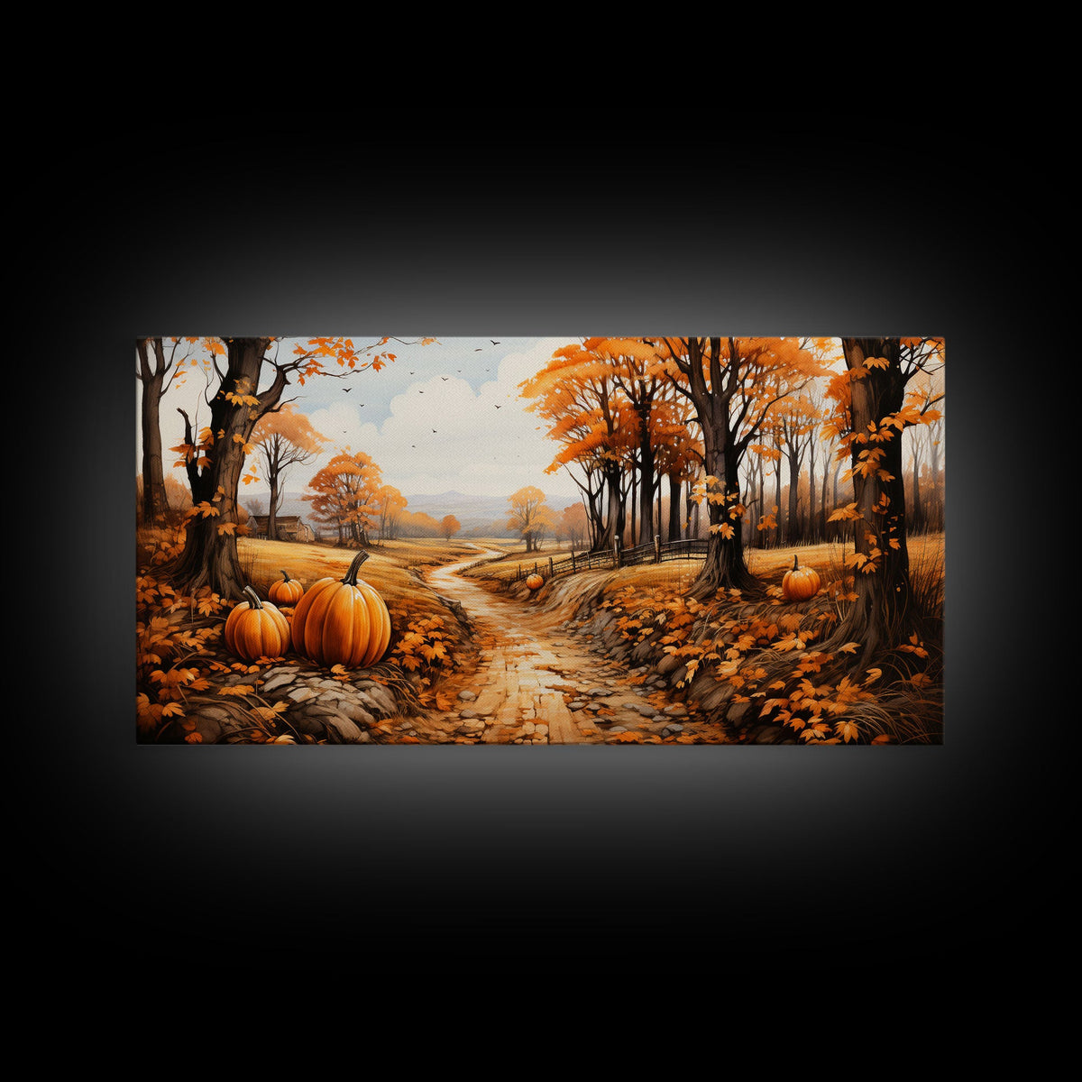 Small fall landscape canvas print with orange pumpkins, trees, and winding country road