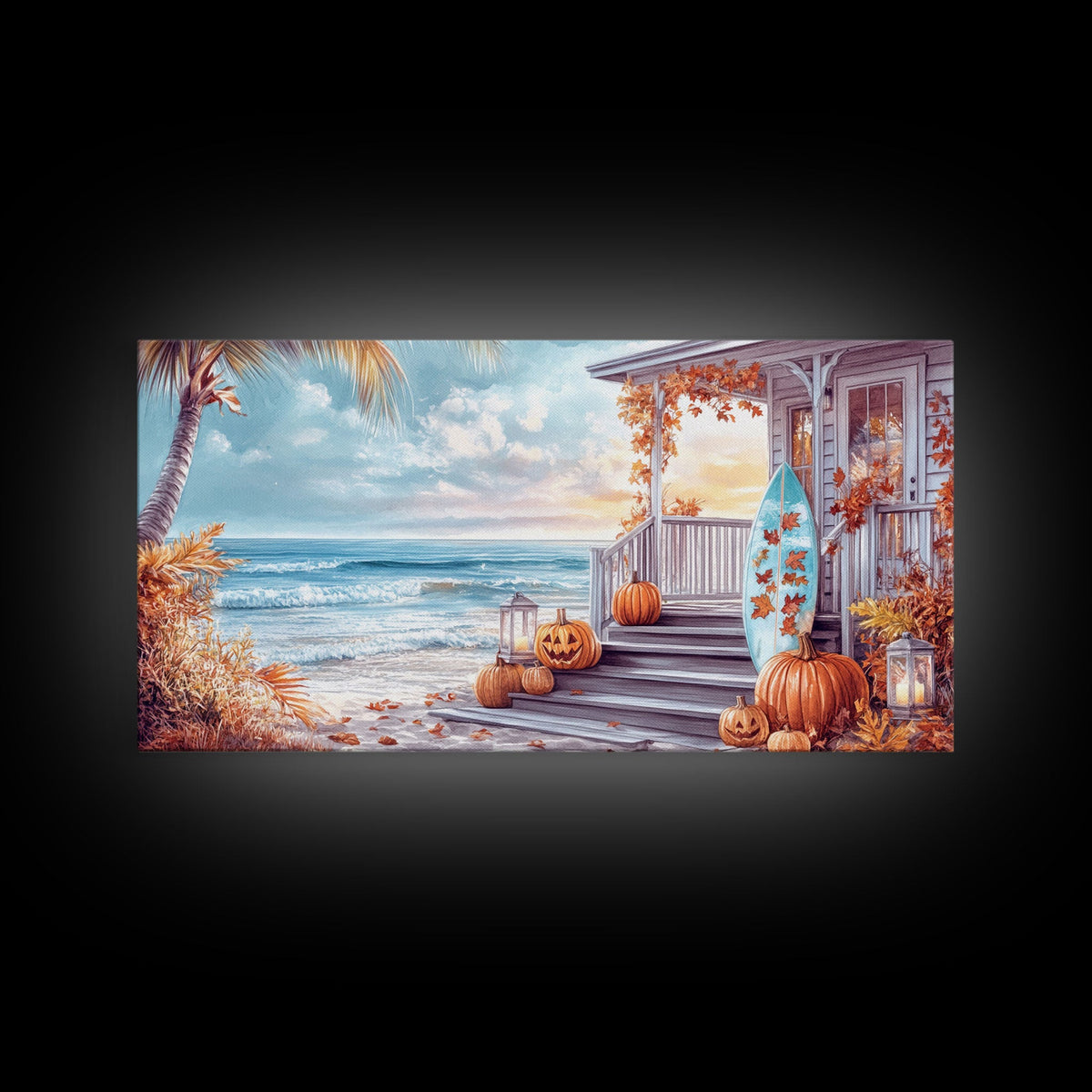 Framed autumn beach porch canvas with pumpkins, lanterns, and ocean waves