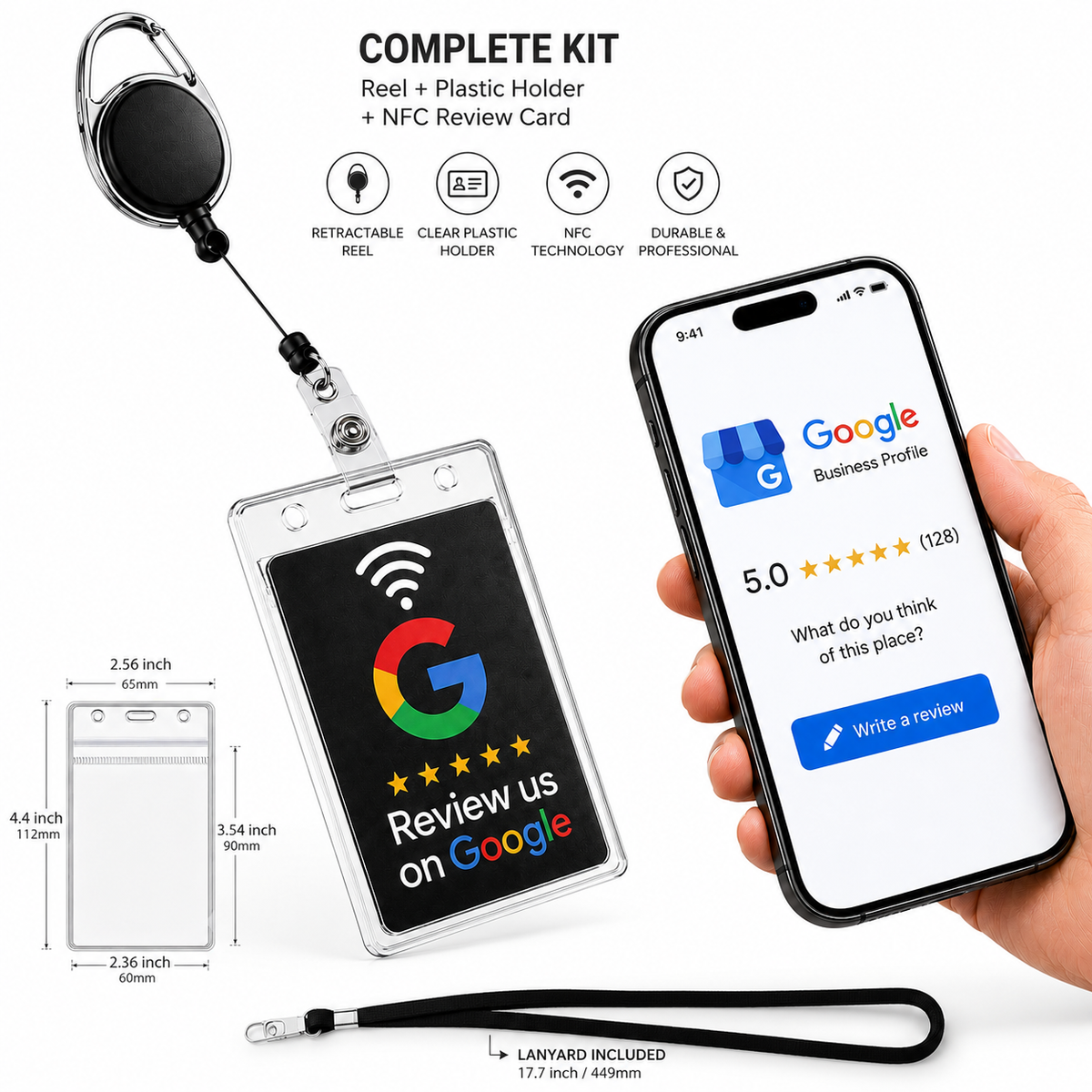 Complete retractable badge reel kit with clear holder, NFC review card, and phone rating screen
