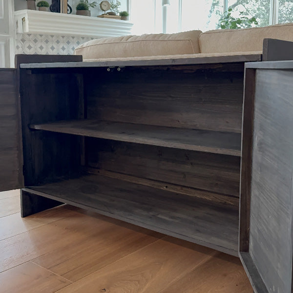 Dark wood console table with open inside shelf and two cabinet doors