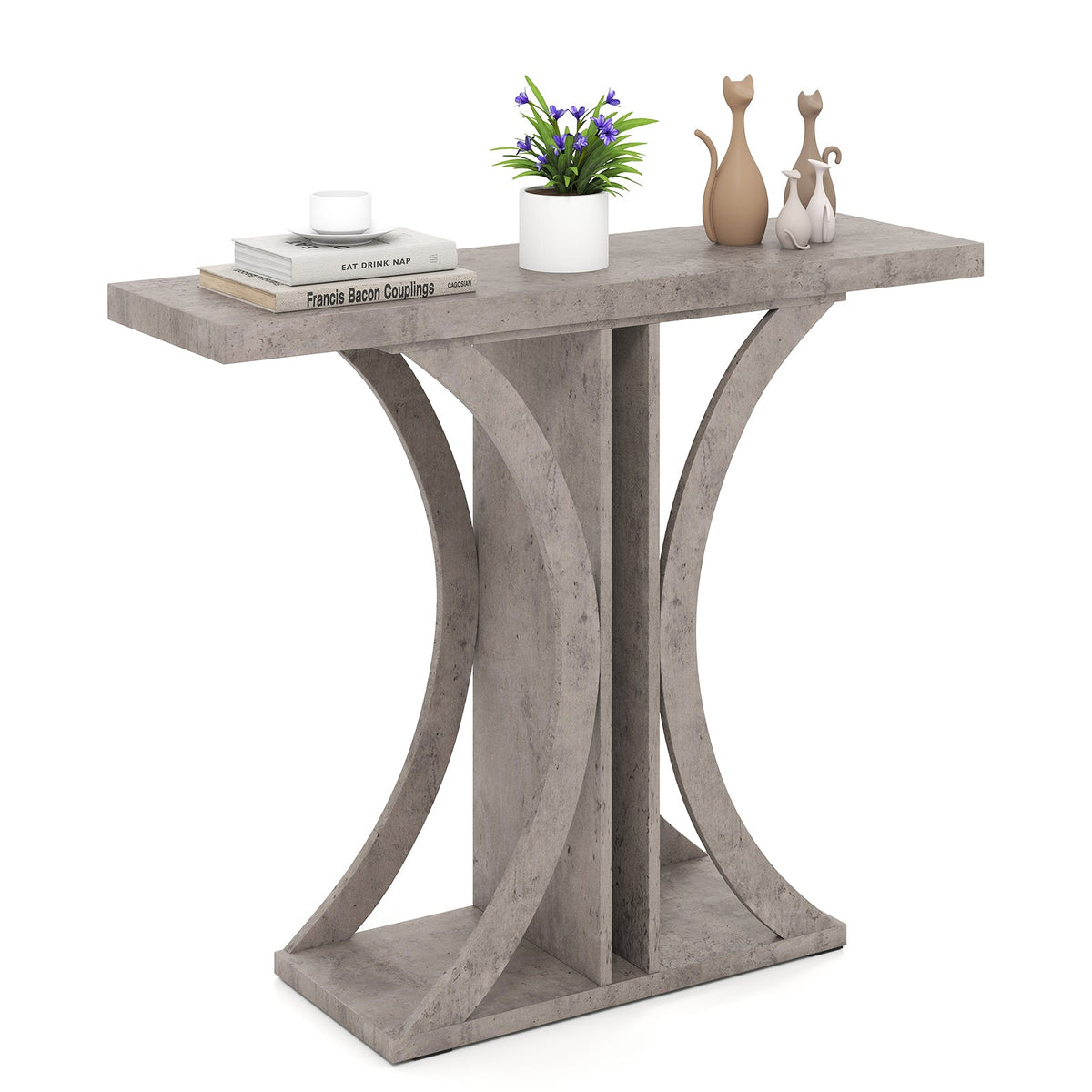 Gray console table with sculpted geometric legs and rectangular tabletop