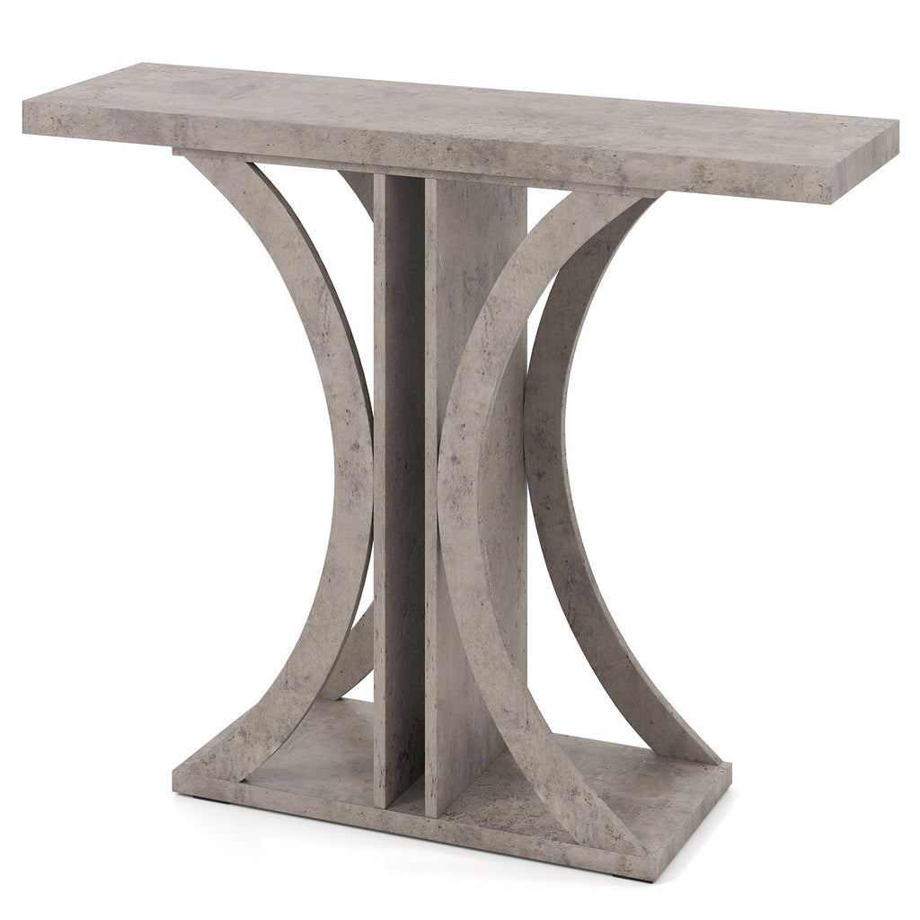 Gray console table with arched geometric legs and sturdy rectangular top