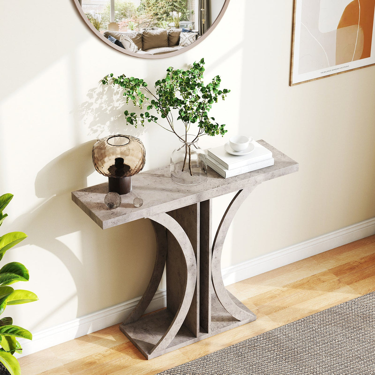 Gray console table with black geometric frame and rectangular tabletop for entryway