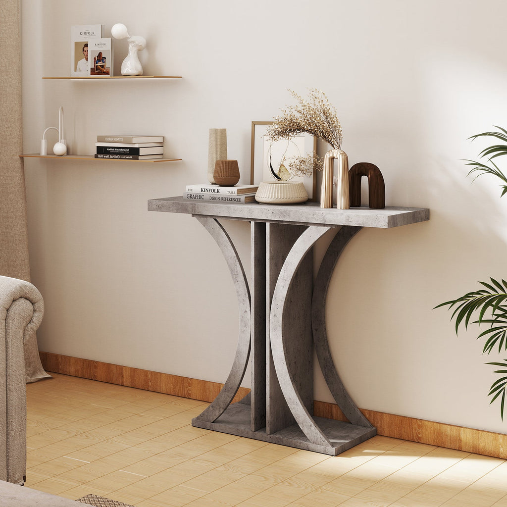 Gray entryway console table with black geometric curved legs and flat rectangular top