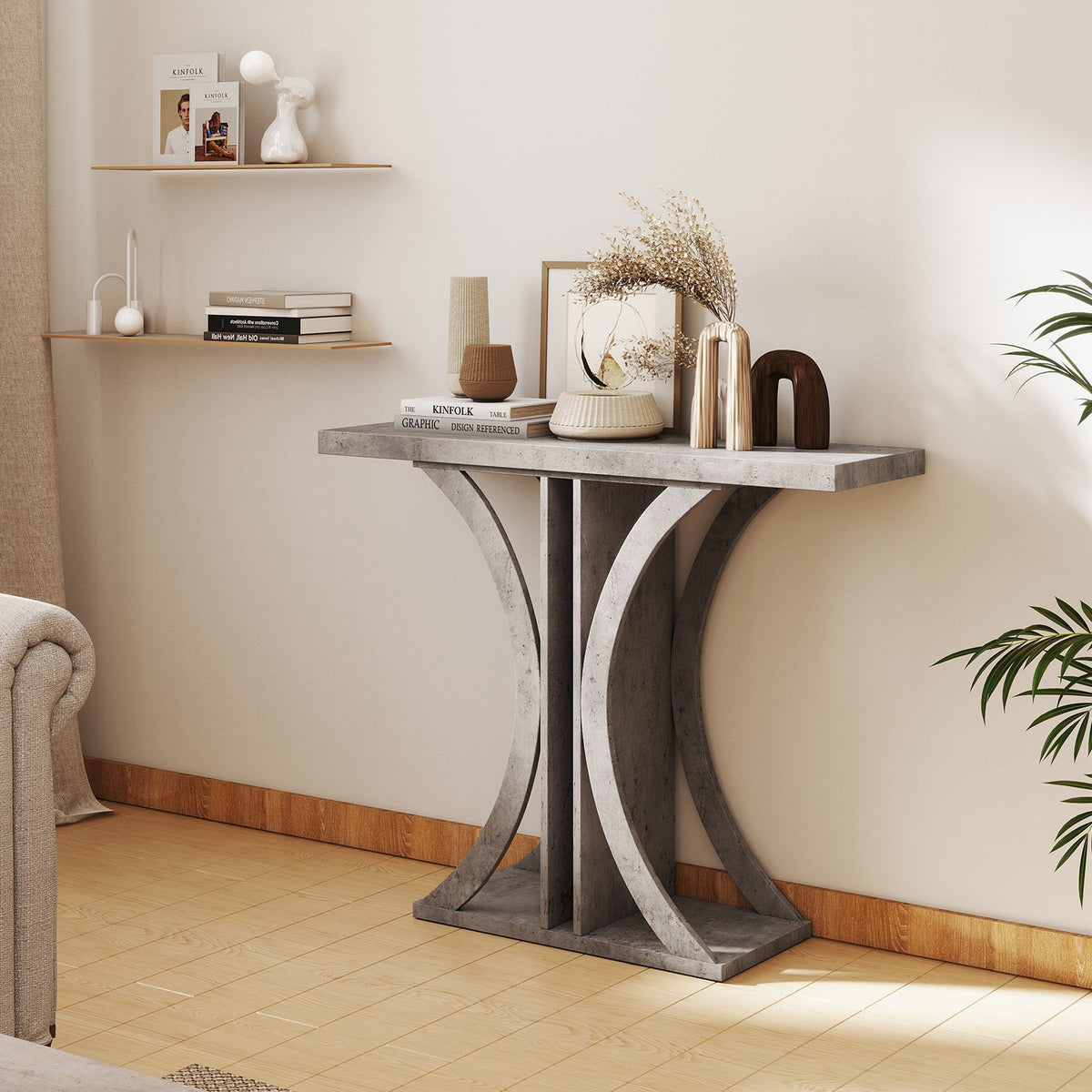 Gray entryway console table with black geometric curved legs and flat rectangular top