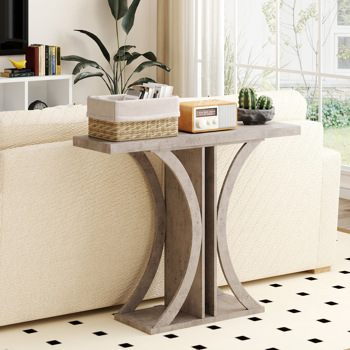 Rustic brown console table with geometric curved base and flat rectangular top