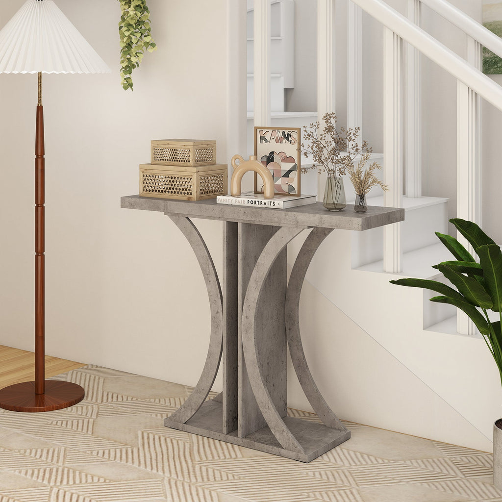 Gray console table with geometric curved metal supports and rectangular top