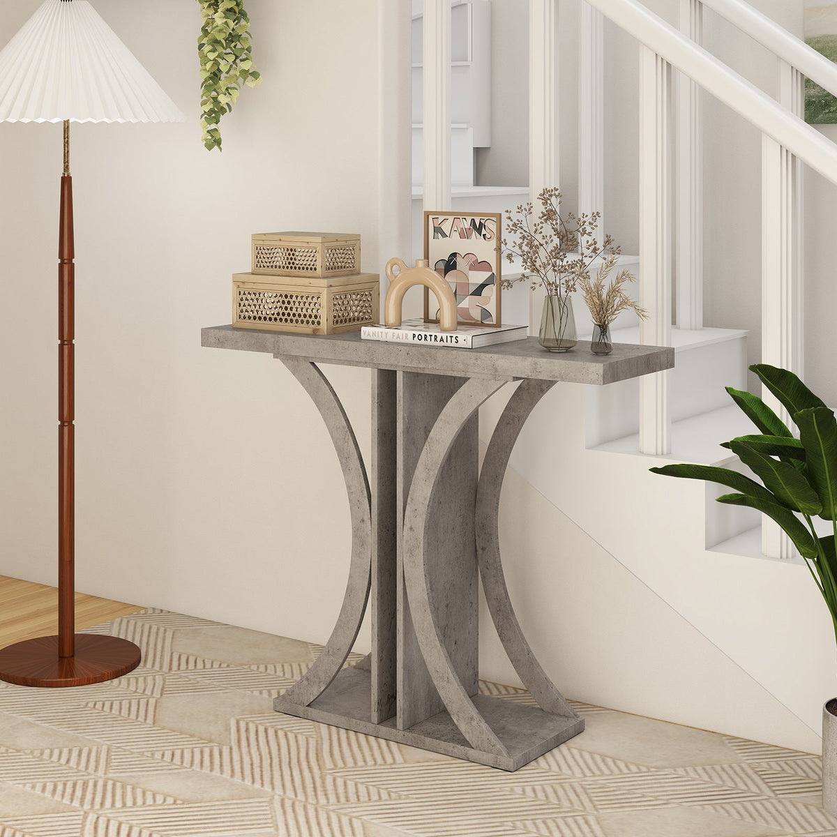 Gray console table with geometric curved metal supports and rectangular top