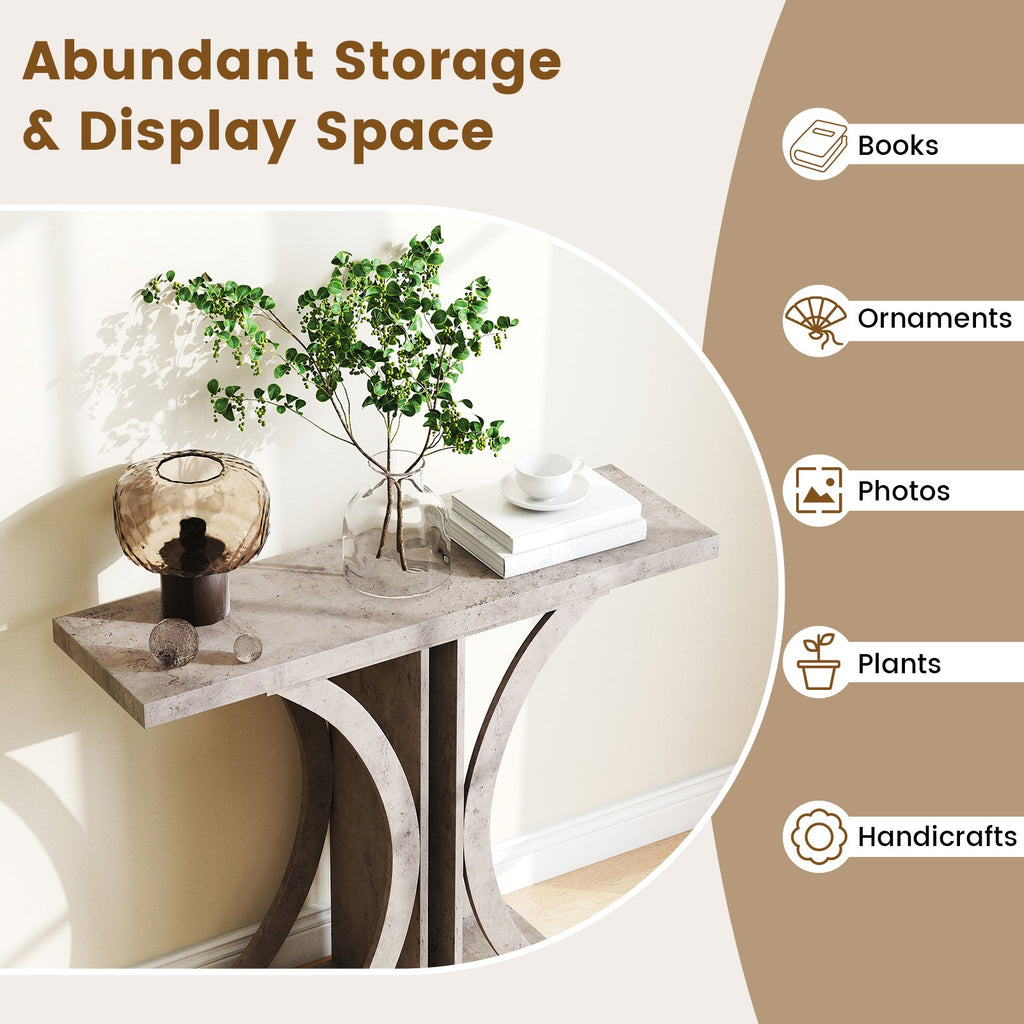 Gray console table with arched geometric frame and open center base