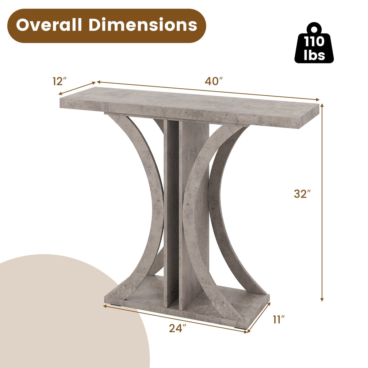 Gray console table dimensions: 40 in long, 32 in high, 24 in wide