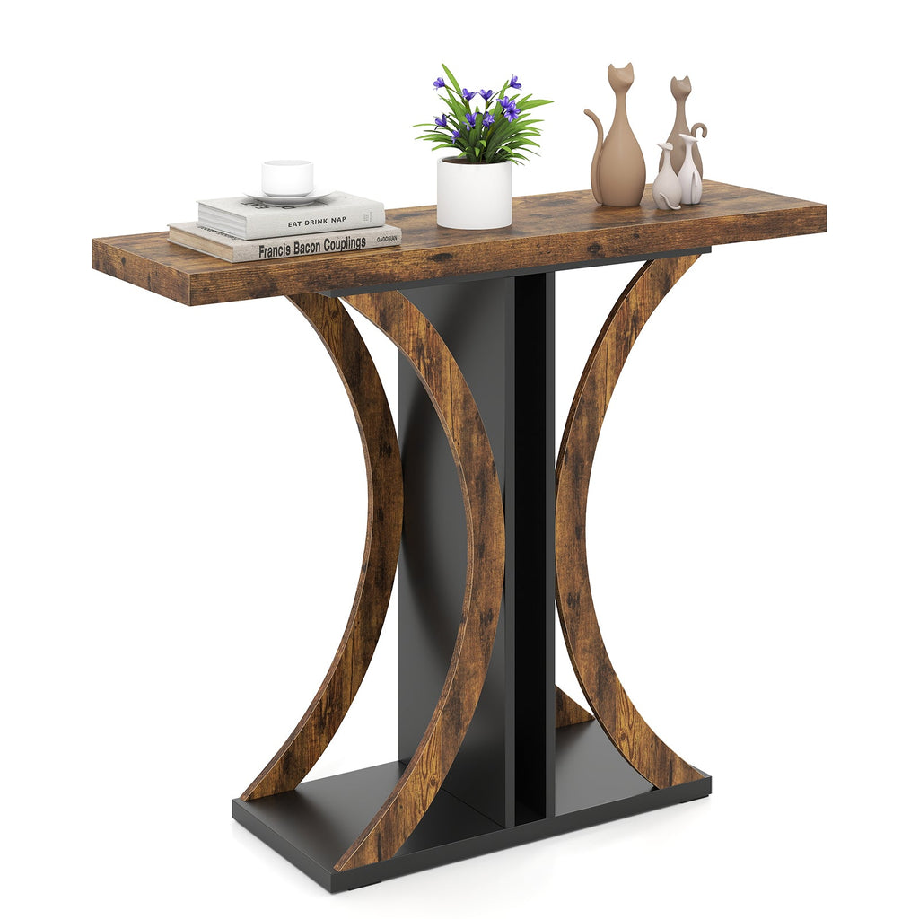 Rustic brown console table with black geometric base and curved leg design