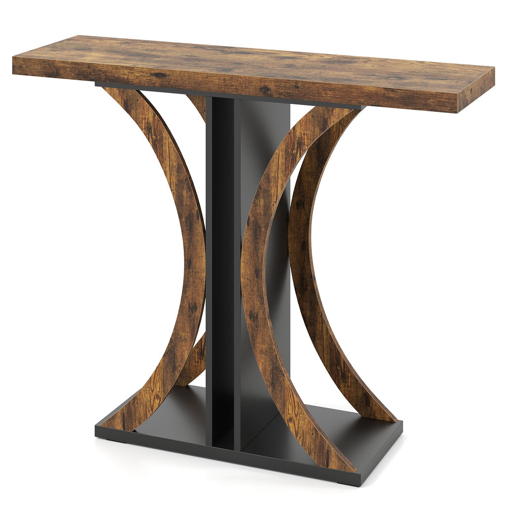 Rustic brown console table with arched geometric legs and black metal base