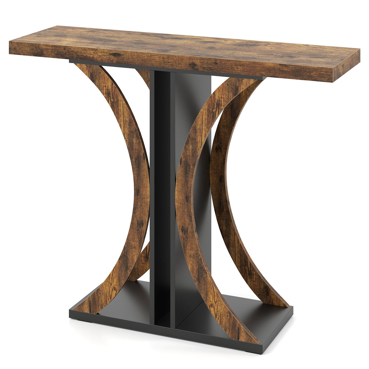 Rustic brown console table with arched geometric legs and black metal base