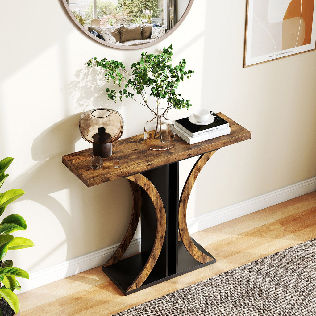 Rustic brown console table with black geometric frame, rectangular top for entryway