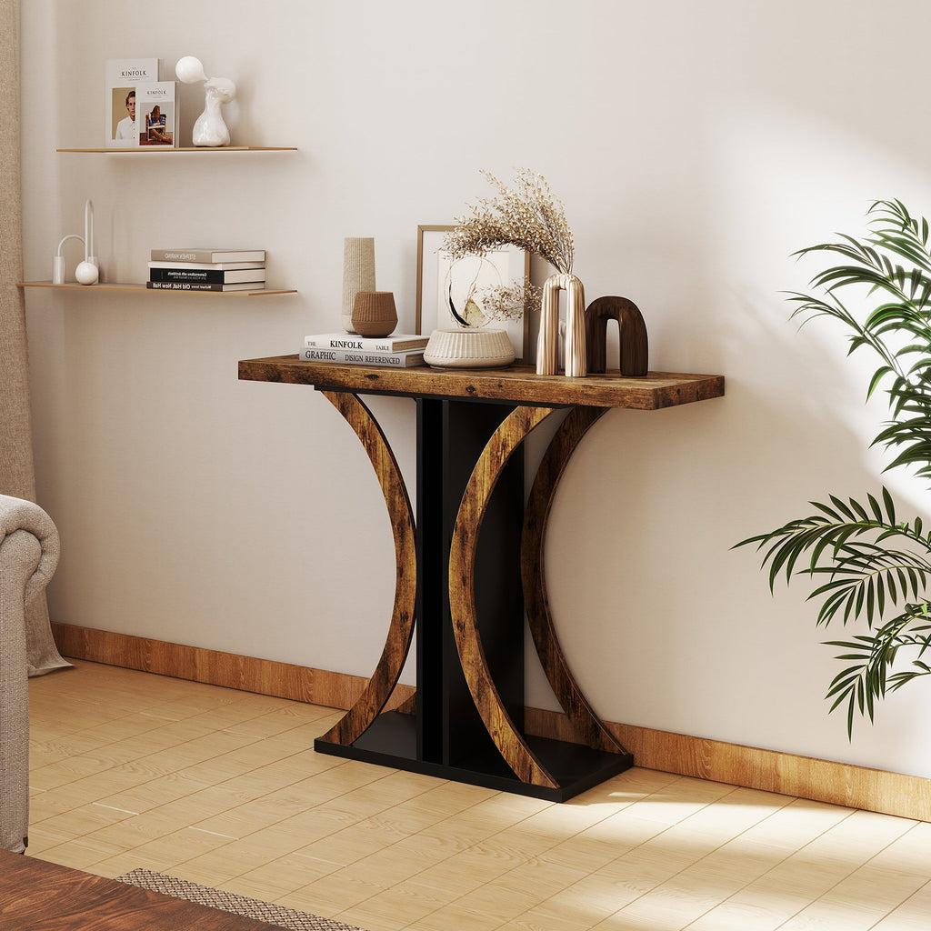 Rustic brown entryway console table with black geometric curved legs and flat top