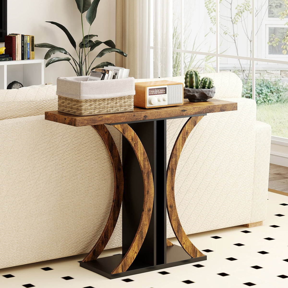 Rustic brown console table with geometric curved frame and rectangular top