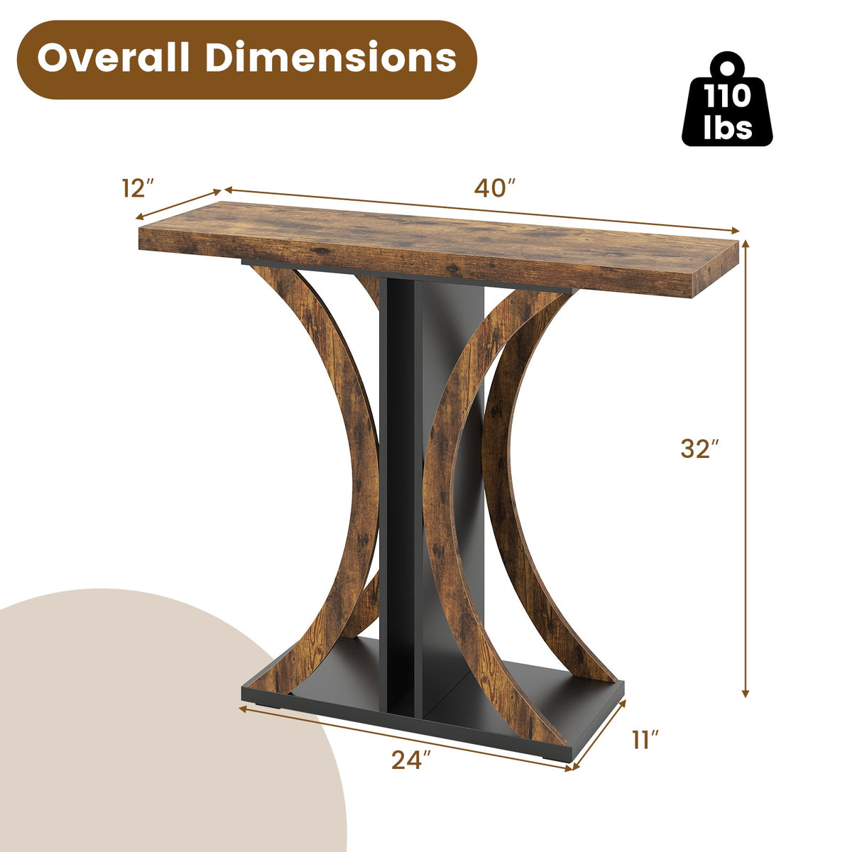 Rustic console table dimensions: 40 in long, 32 in high, 24 in wide