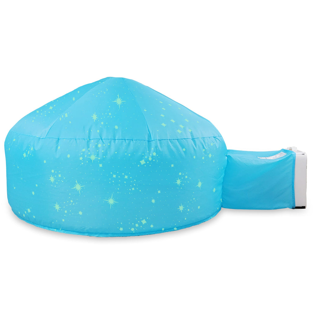 Blue inflatable dome play tent with constellation speckle and side flap