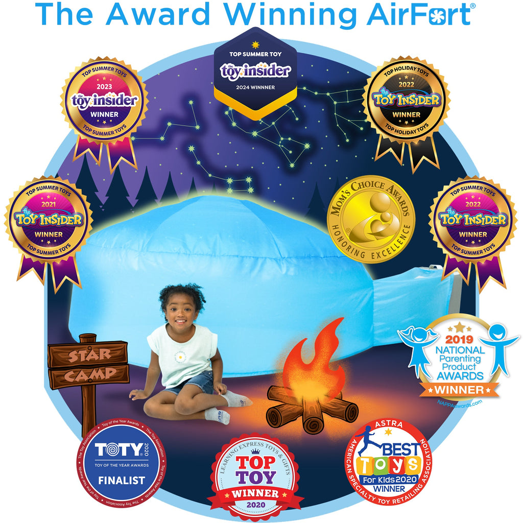 Blue inflatable air fort dome with starry constellation glow pattern