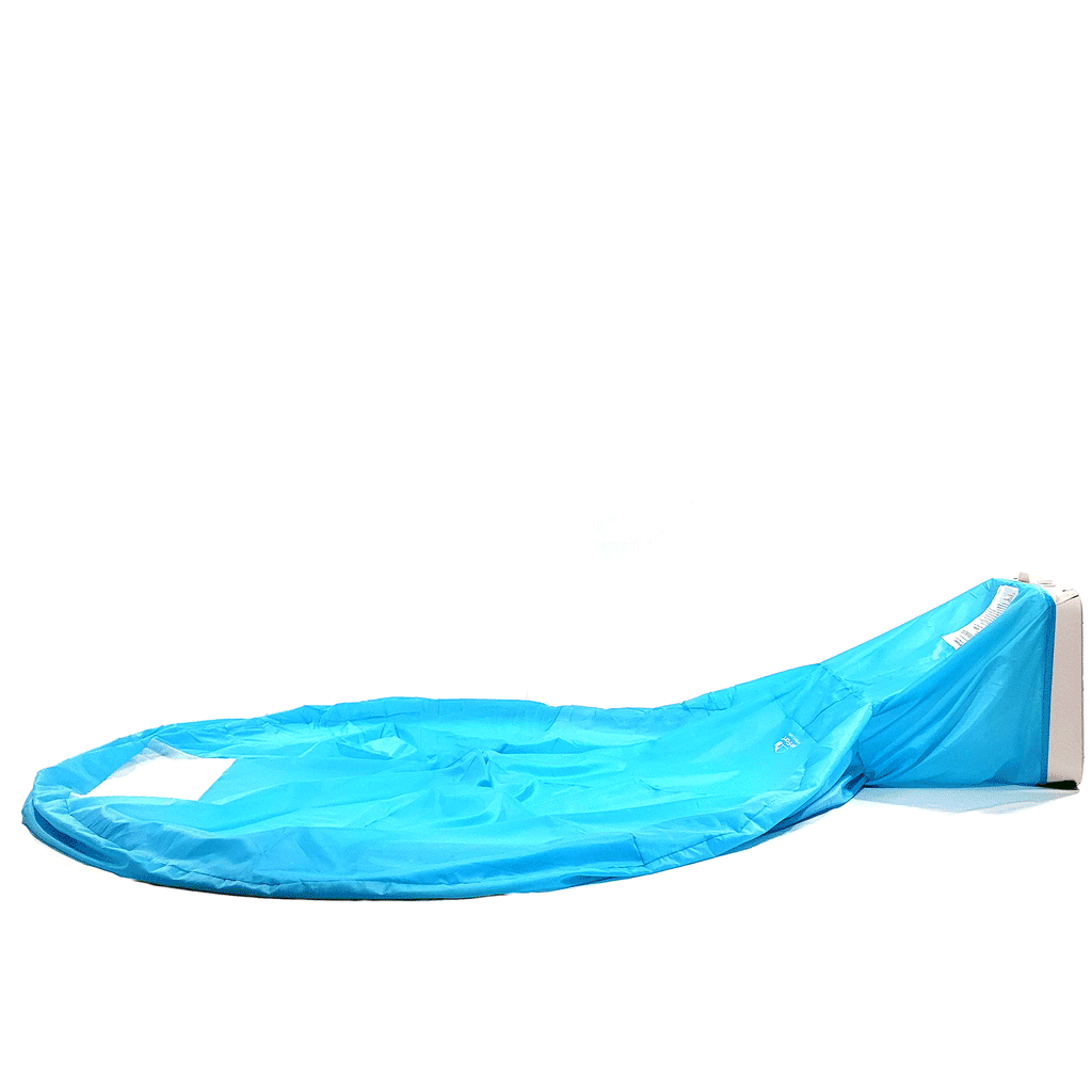 Folded blue inflatable air fort with rounded end and fabric body