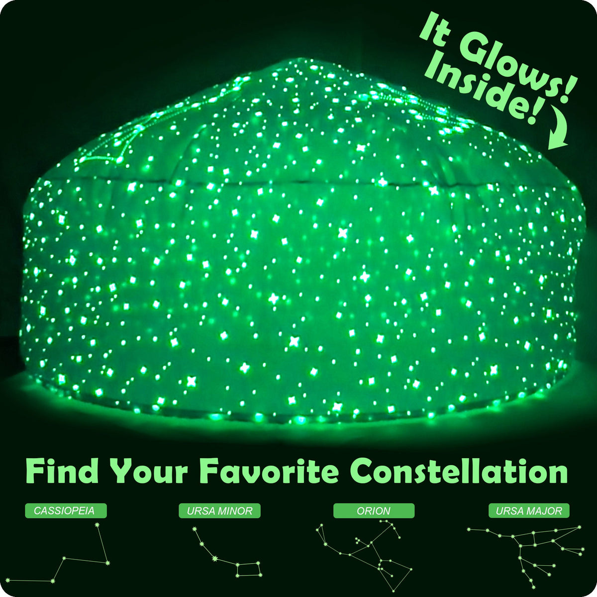 Glowing green constellation inflatable dome with starry LED-style lights