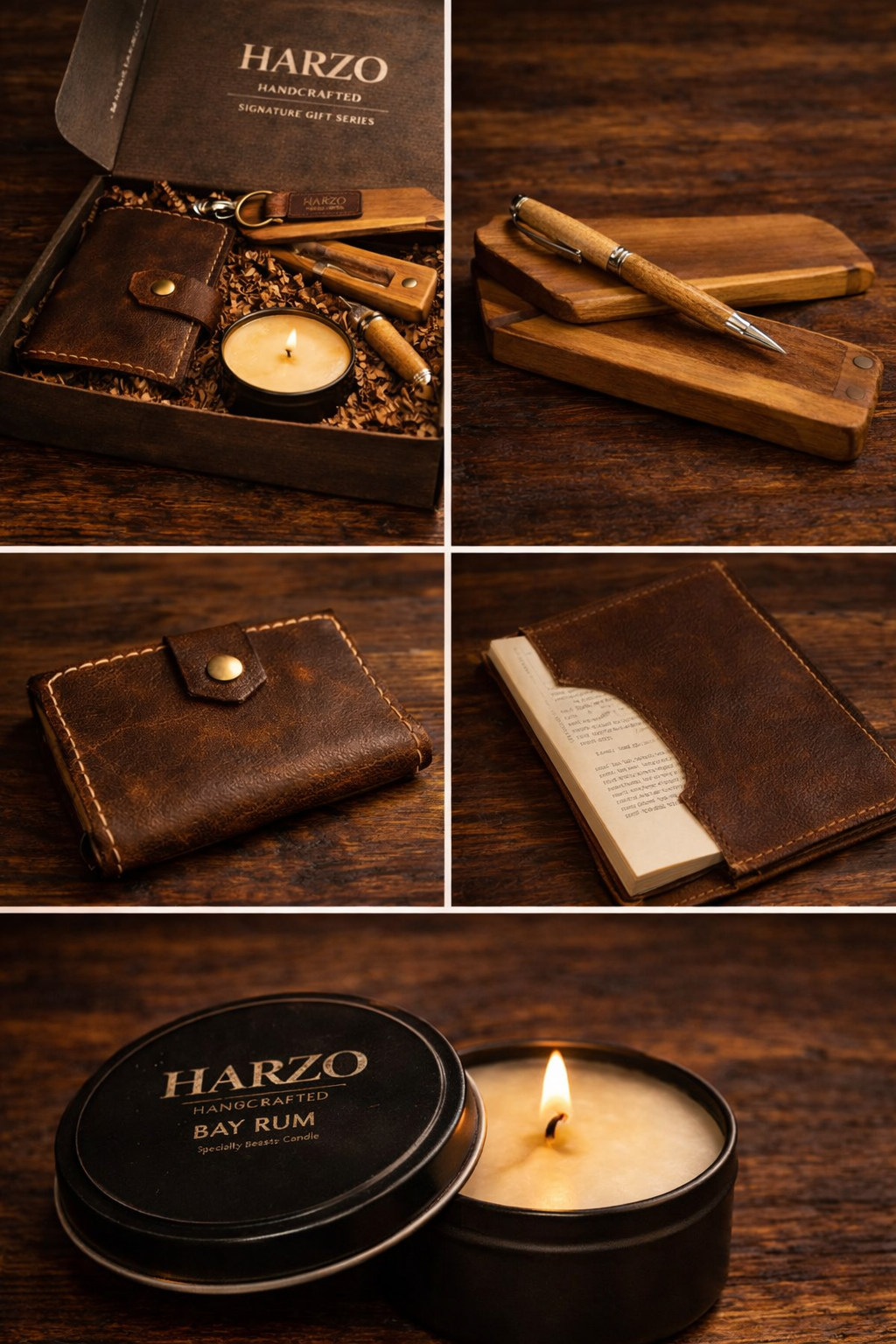 Brown leather journal wallet with pen, lighter, keychain, and beeswax candle in box