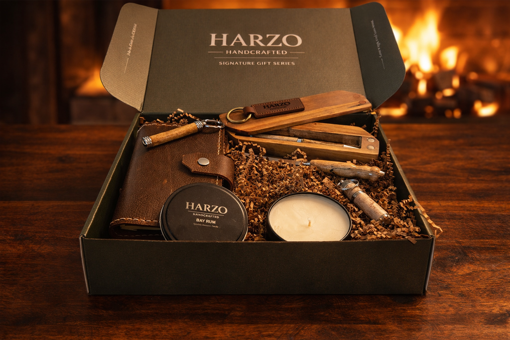 Gift set box with brown leather wallet, pens, lighter, keychain, and candle tin