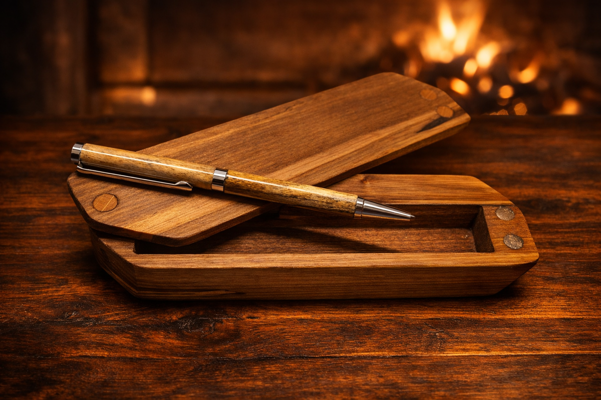 Wood lighter and matching wood pen on a wooden tray with metal accents