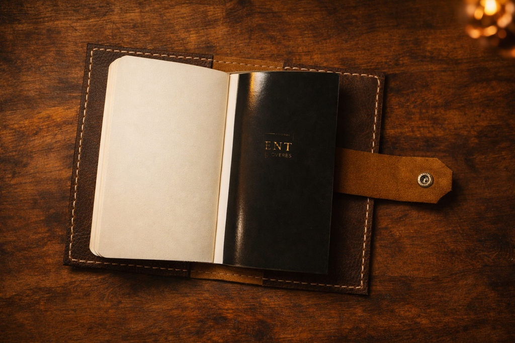 Open brown leather journal wallet with lined pages and pen loop