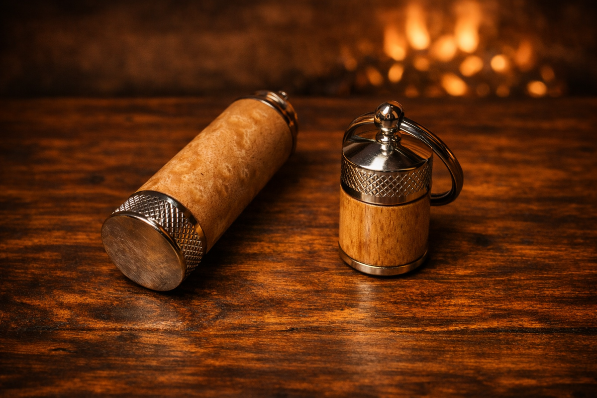 Wood lighter with metal cap and small metal keychain container