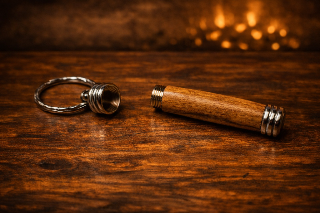 Wood-handled lighter cylinder and metal key ring with clasp