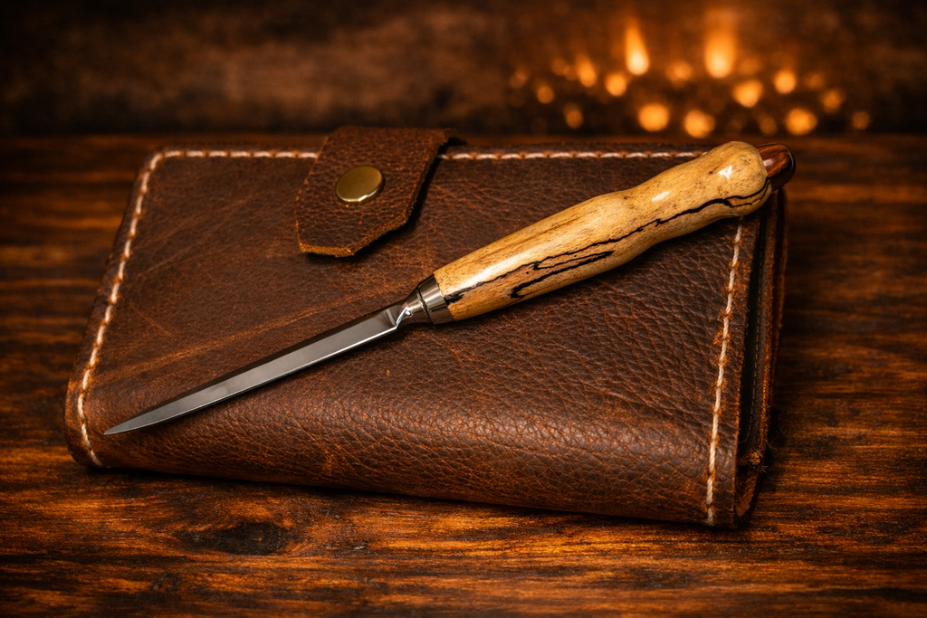 Brown leather pen case with front snap and a wood-handled pocket knife