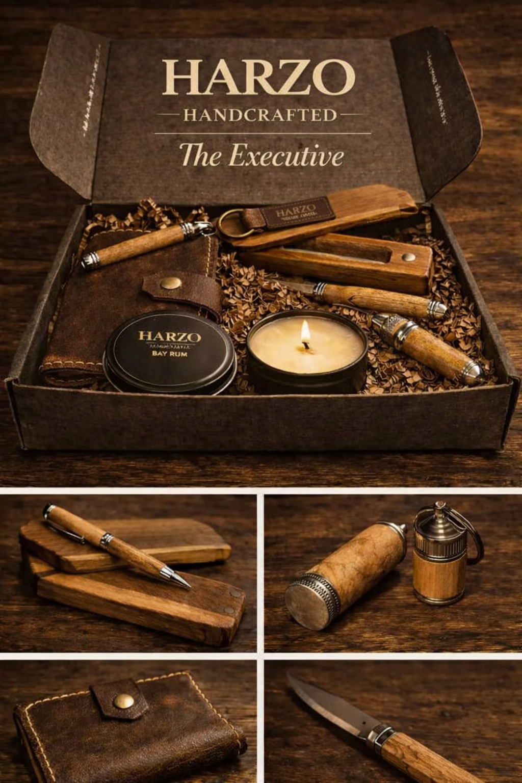 The Executive gift set box with leather wallet, pens, lighter, keychain, and candle tin