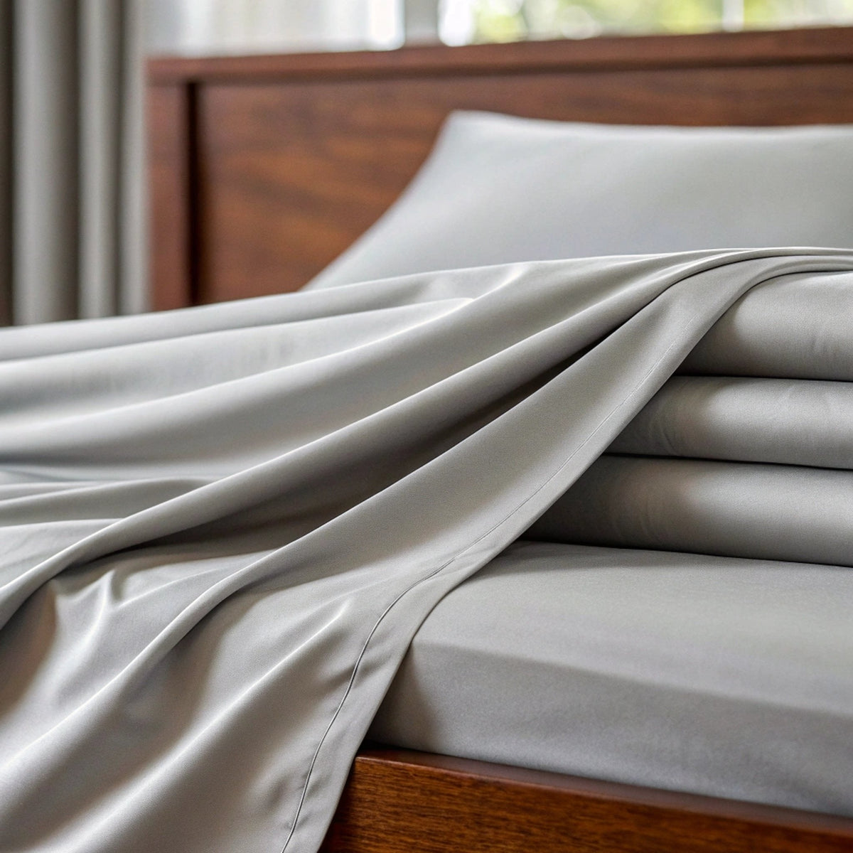 Light gray sheet set with smooth duvet folds and matching pillowcase