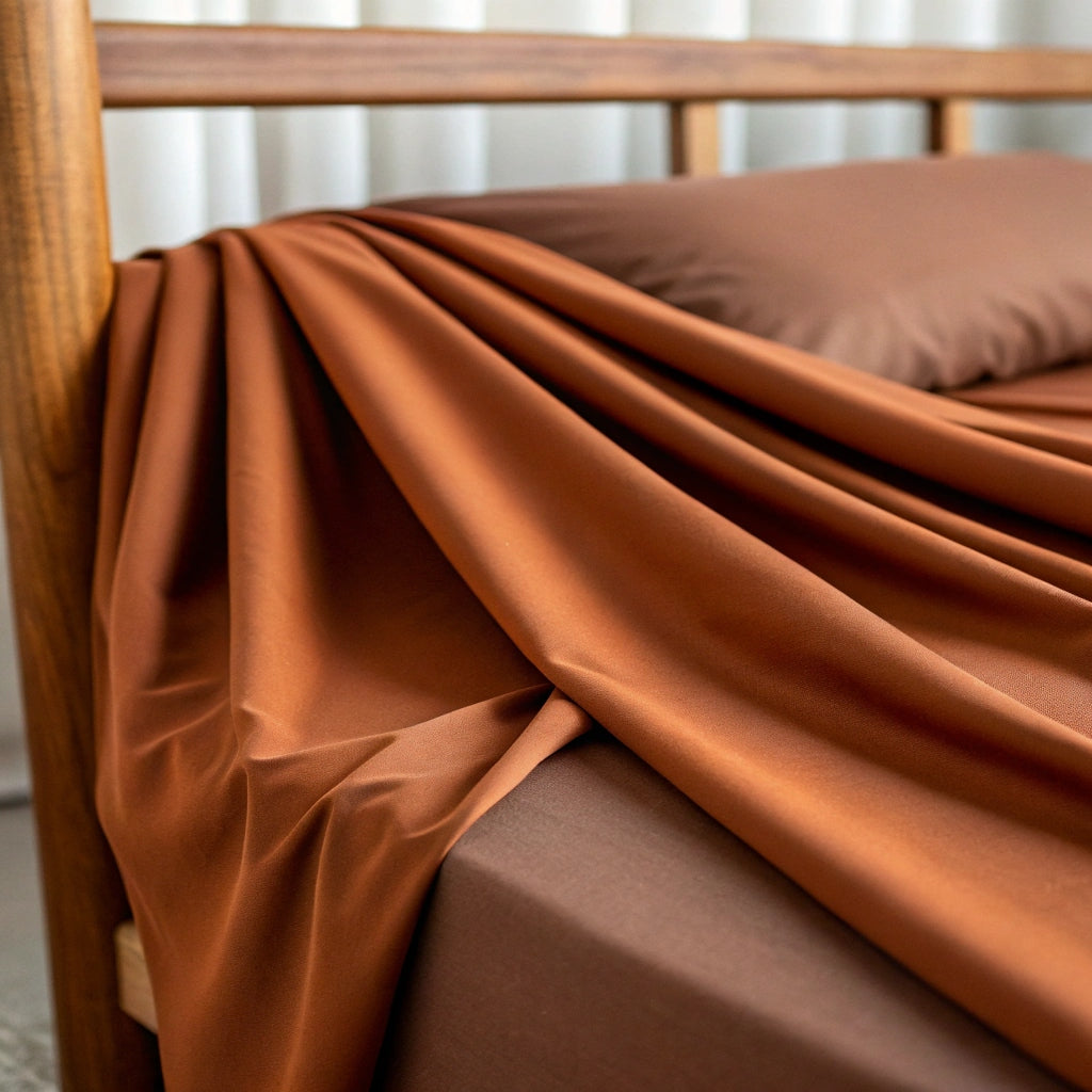 Copper-infused bamboo sheet set in rust-brown, fitted sheet and pillowcases visible.