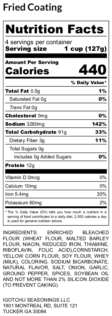 Nutrition Facts panel for fried coating mix: 4 servings per container details