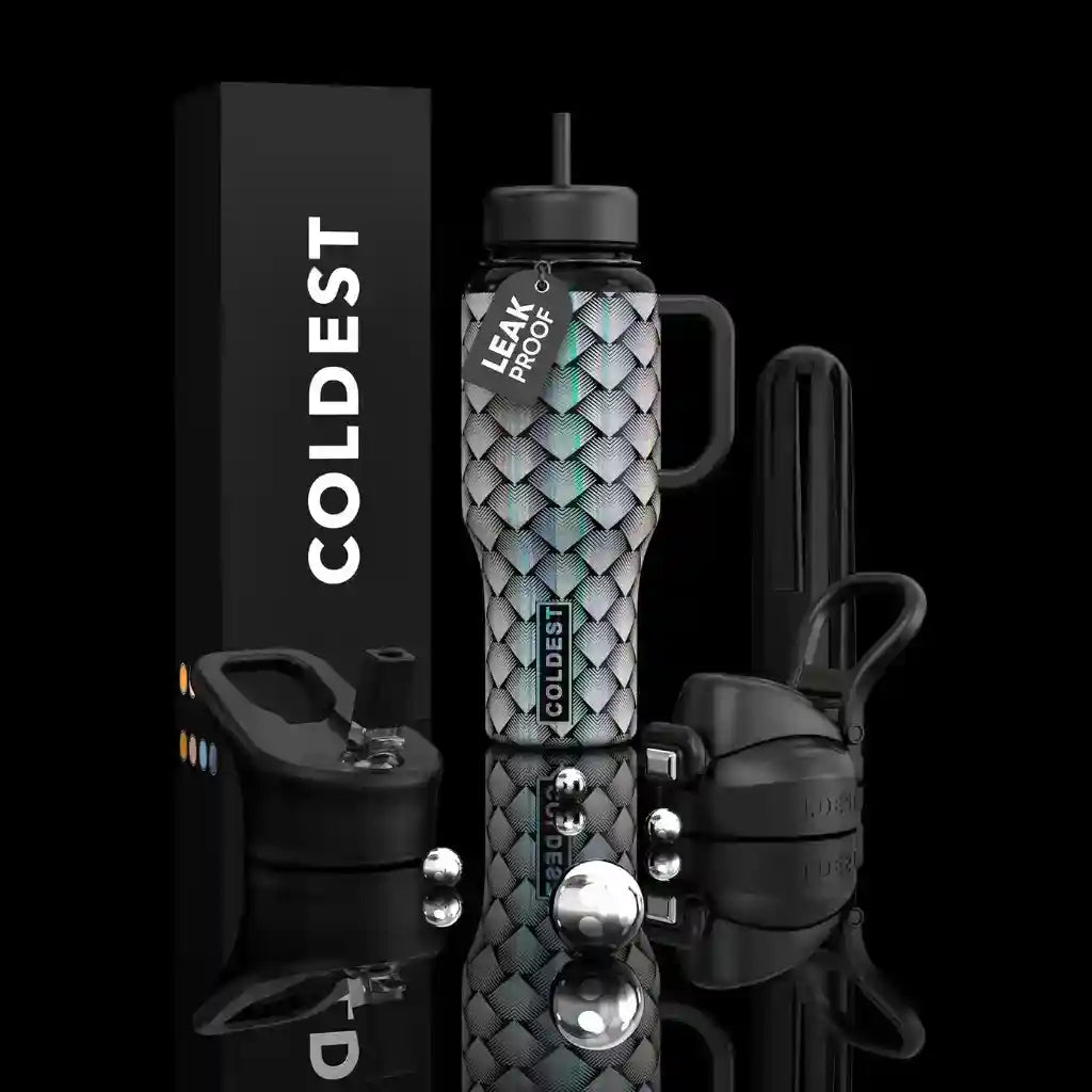 36oz insulated water bottle with silver diamond pattern, straw lid, and carrying handle