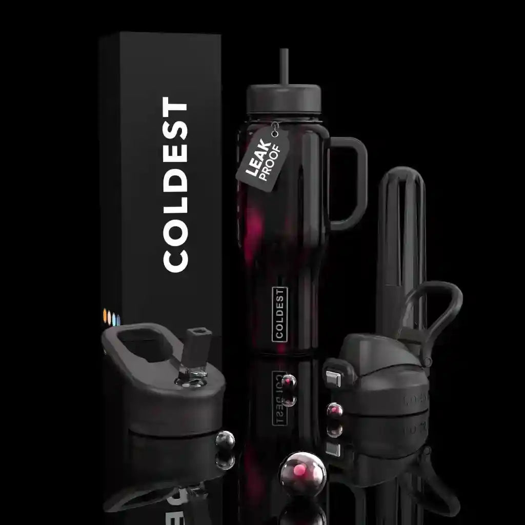 36oz insulated water bottle with black finish and magenta sheen, straw lid, and handle