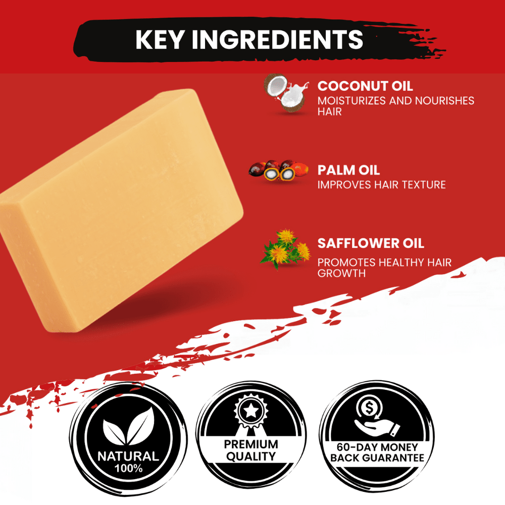 Tan-orange square shampoo bar with ingredient icon graphics