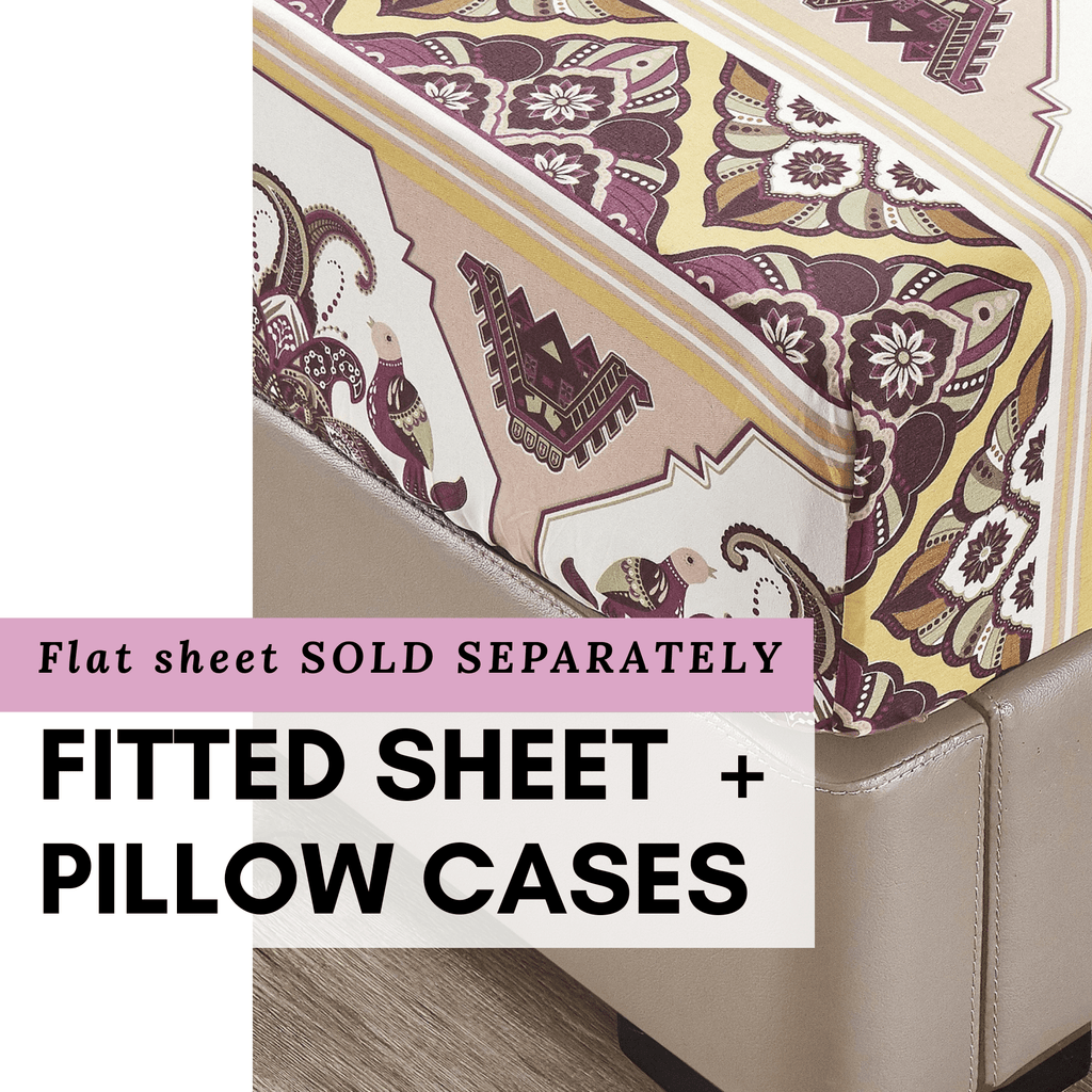 Patterned fitted sheet with matching pillowcases, ornate kilim motifs in burgundy and cream