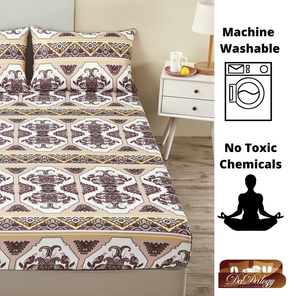 Fitted sheet and pillowcases with repeating ornate motif border in cream, burgundy, and gold