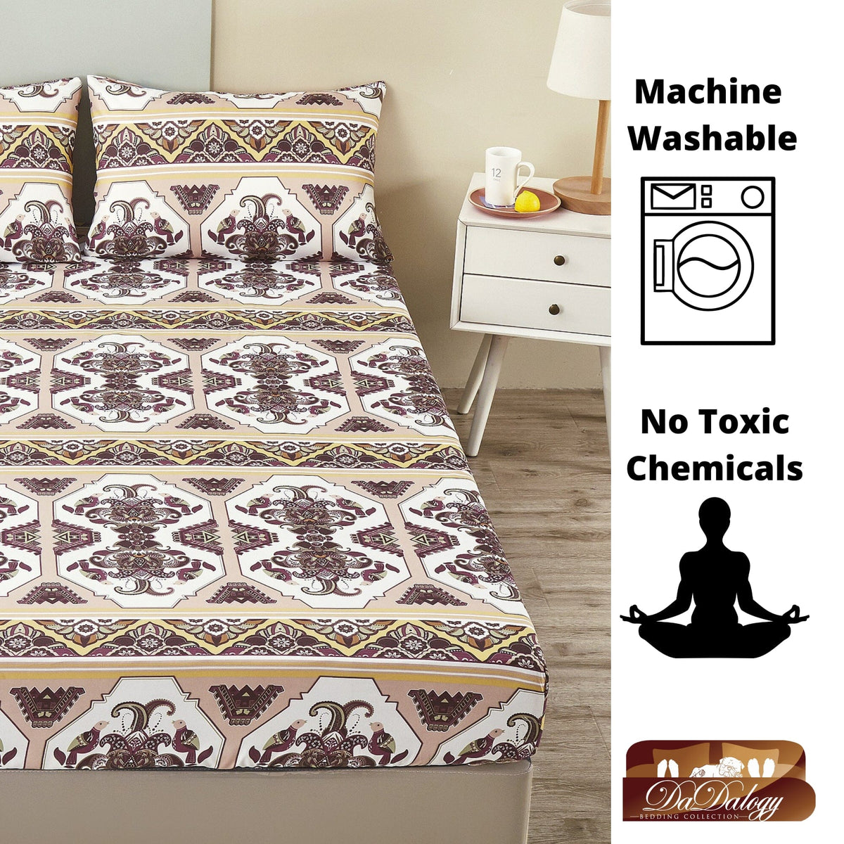 Fitted sheet and pillowcases with repeating ornate motif border in cream, burgundy, and gold