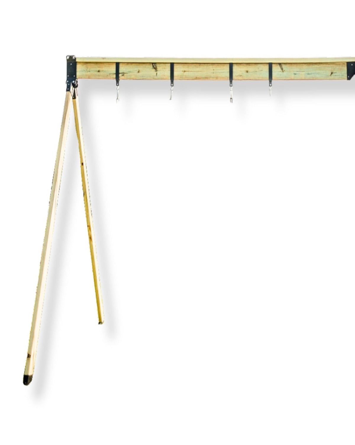 Metal swing arm adaptor brackets on a wooden swing support with hanging chains